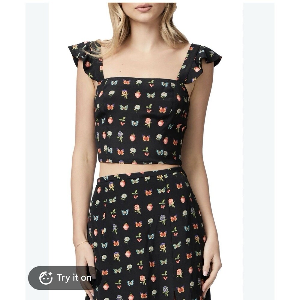 Paige Naya Womens XS Smocked Crop Top Black Floral Butterfly NWT Cottage